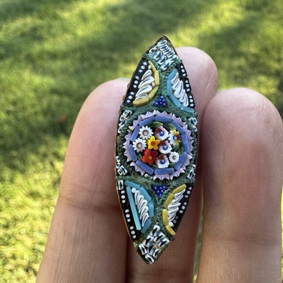 Vintage Brooch Pin 1 5/8" Multicolor Italian Micro Mosaic Glass Flowers Oval - Picture 4 of 10